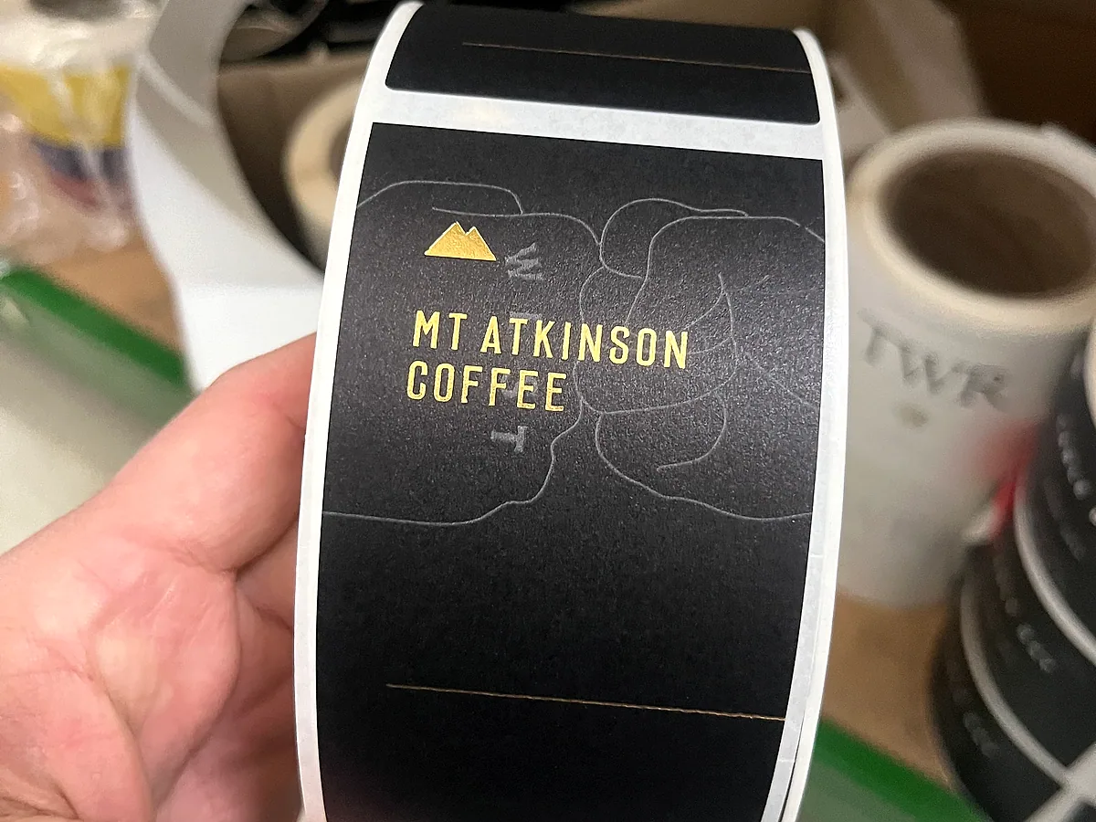 Coffee product label with gold print detail