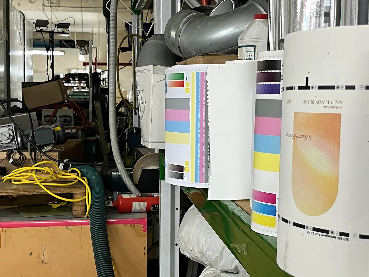 Printed label web used for checking colour, layout and production details