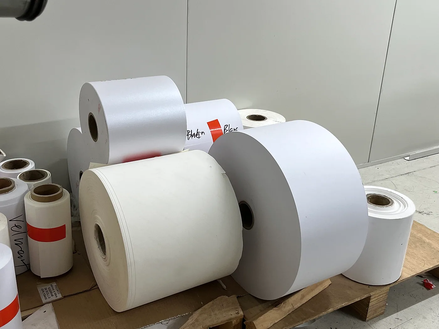 Rolls of label material ready for printing