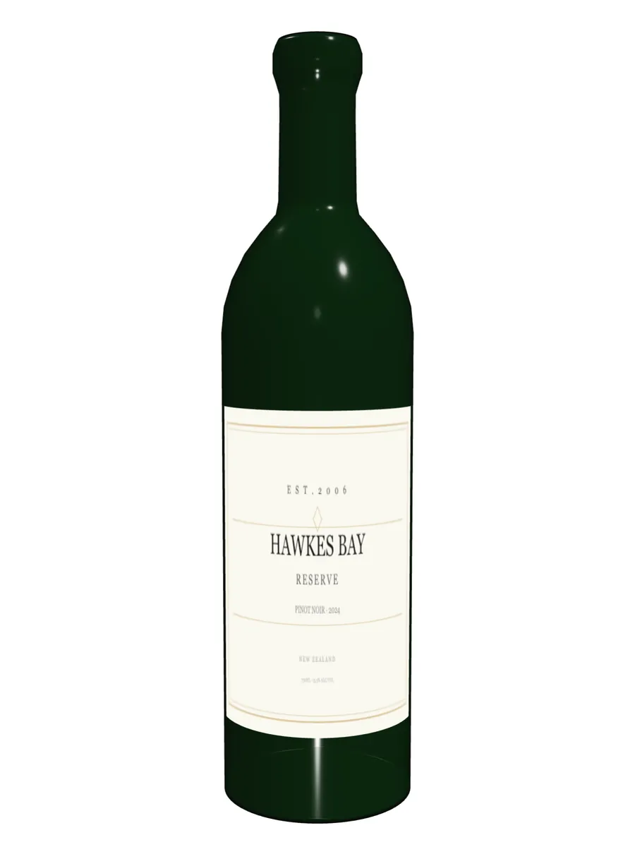 A green wine bottle with a cream and gold Hawkes Bay Reserve label wrapped around it, shown in 3D